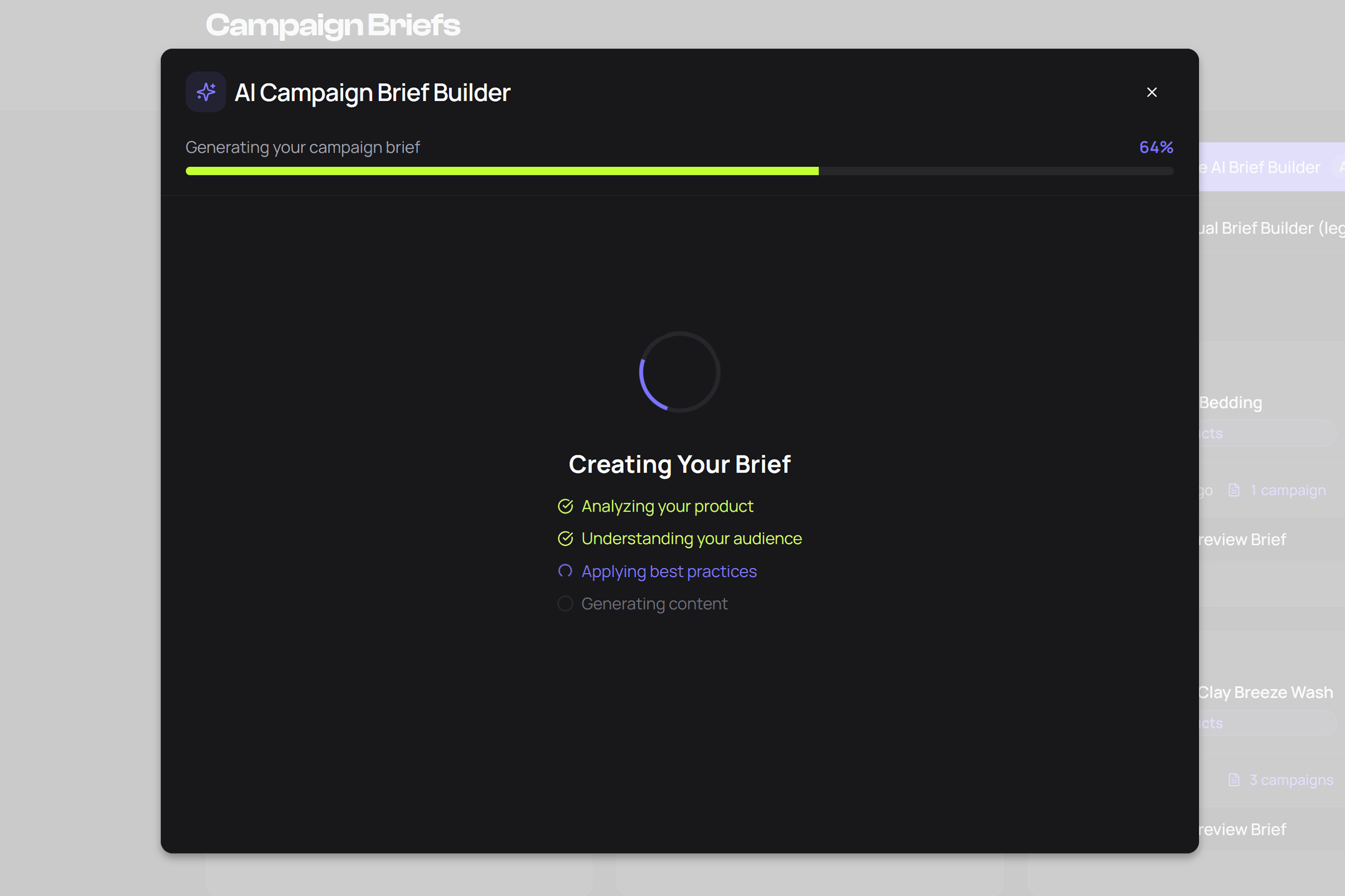 AI Brief Builder generating a complete campaign brief from five questions