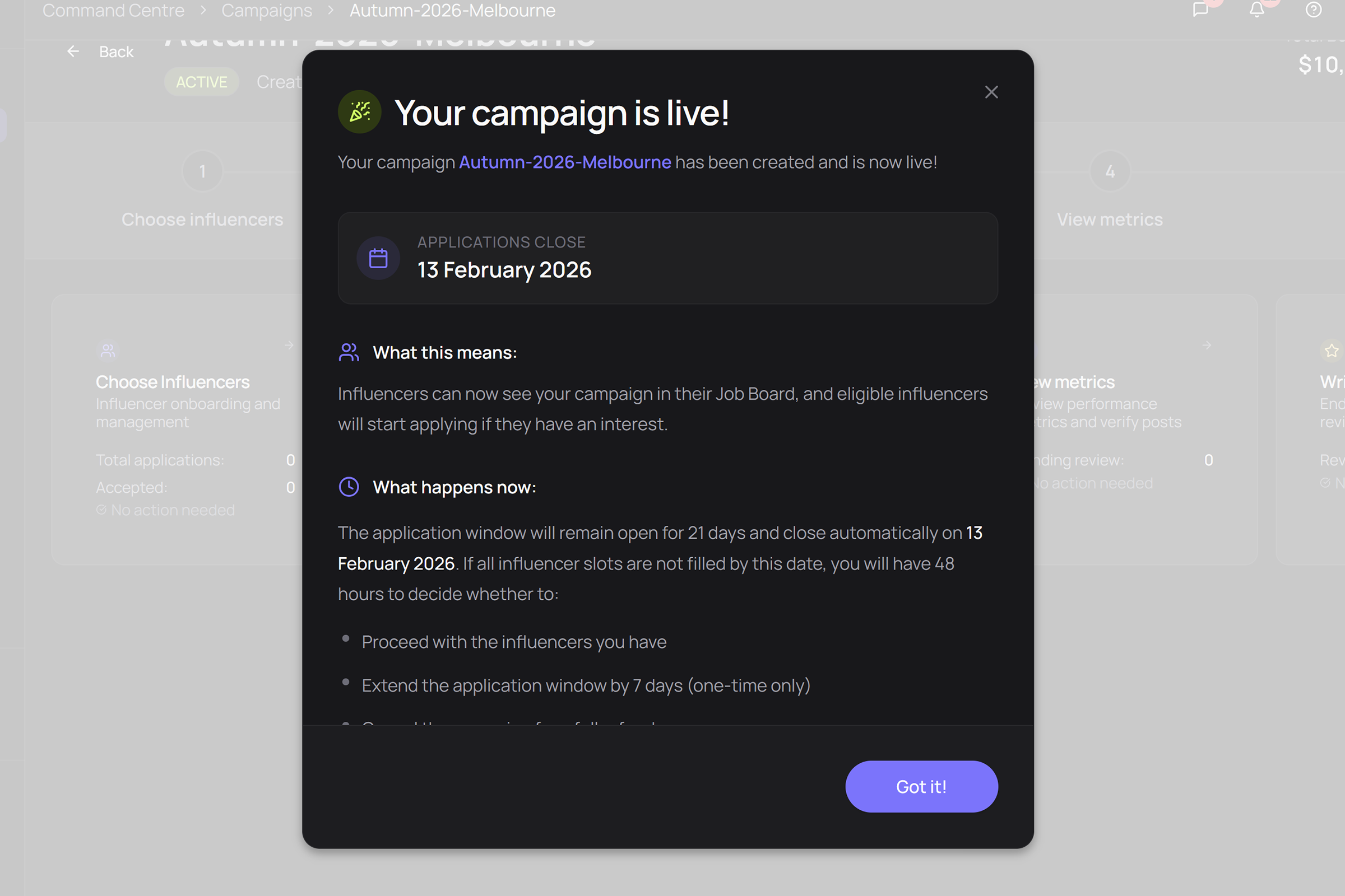 Campaign launched confirmation with creator applications incoming
