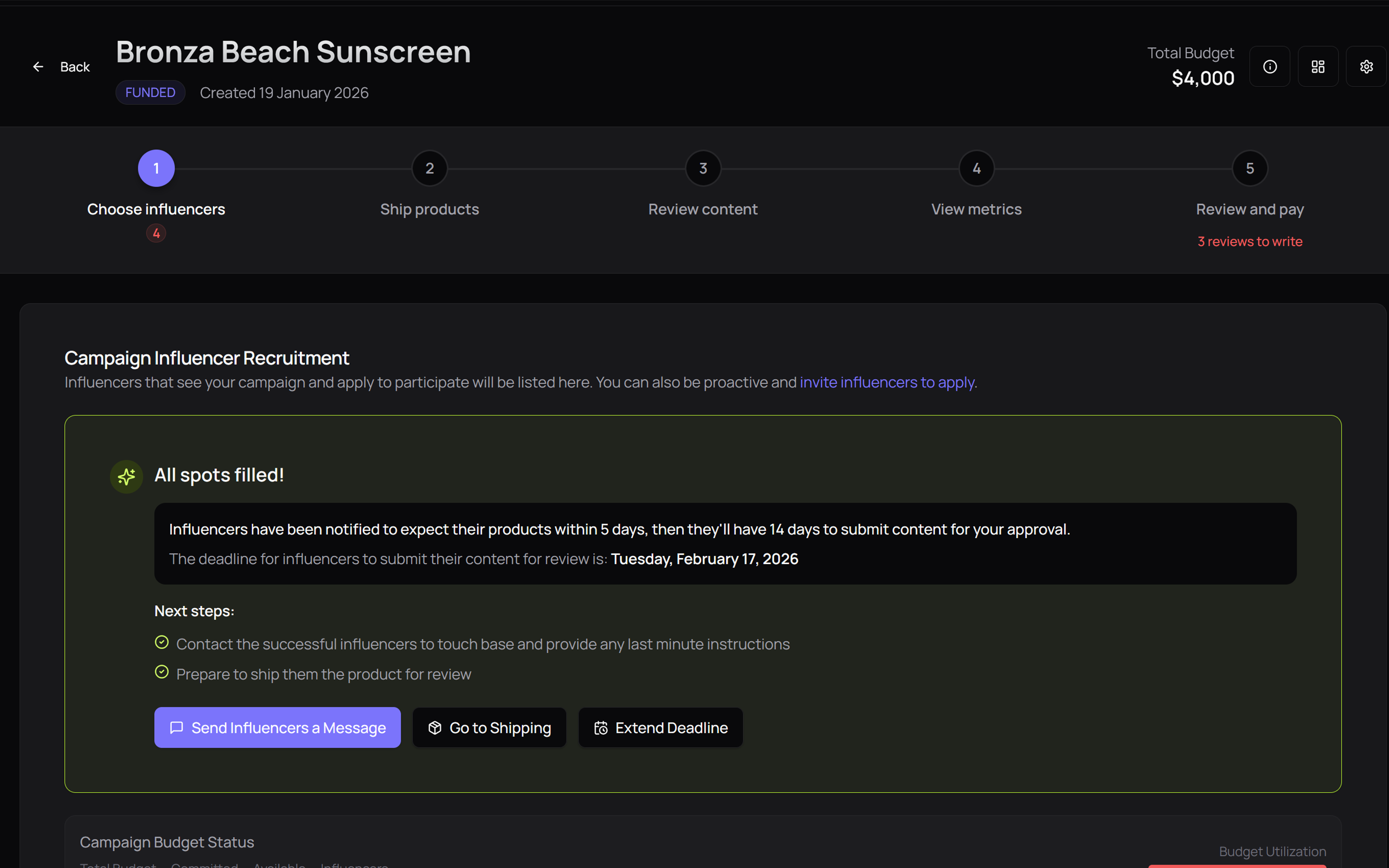 Campaign overview dashboard showing active campaigns and status tracking