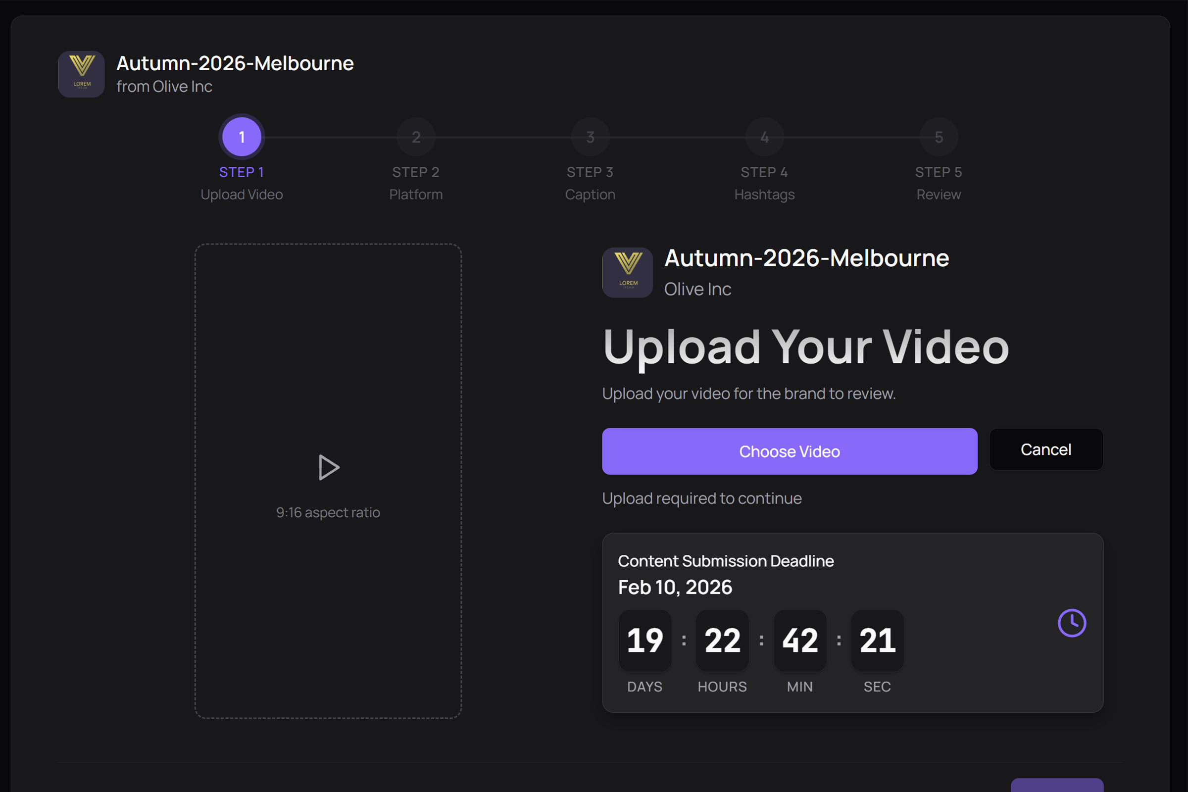 Mega Donkey campaign submission interface showing a 5-step upload workflow with video upload, deadline countdown, and brand details