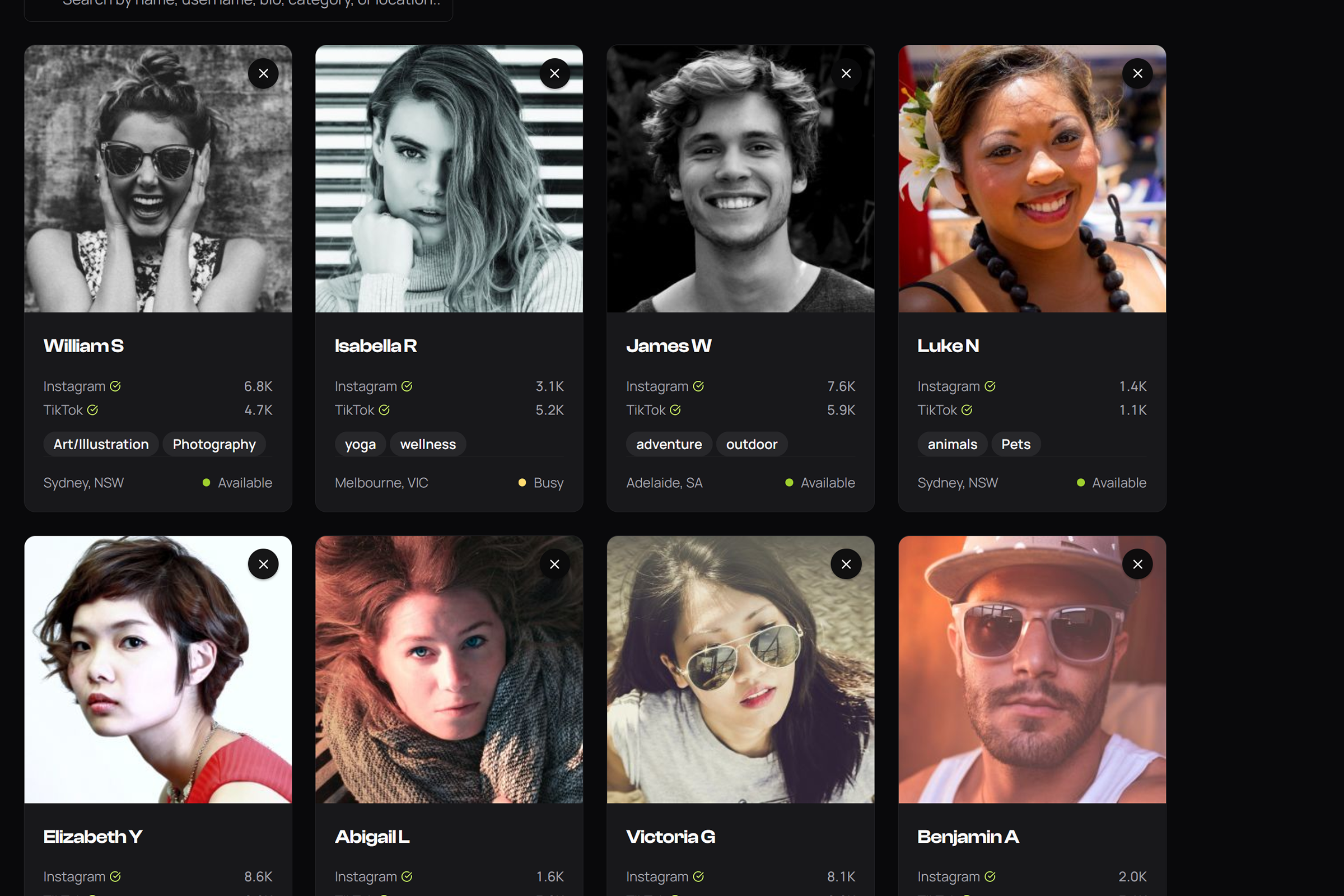 Verified creator discovery with engagement rates, Trust Scores, and audience data