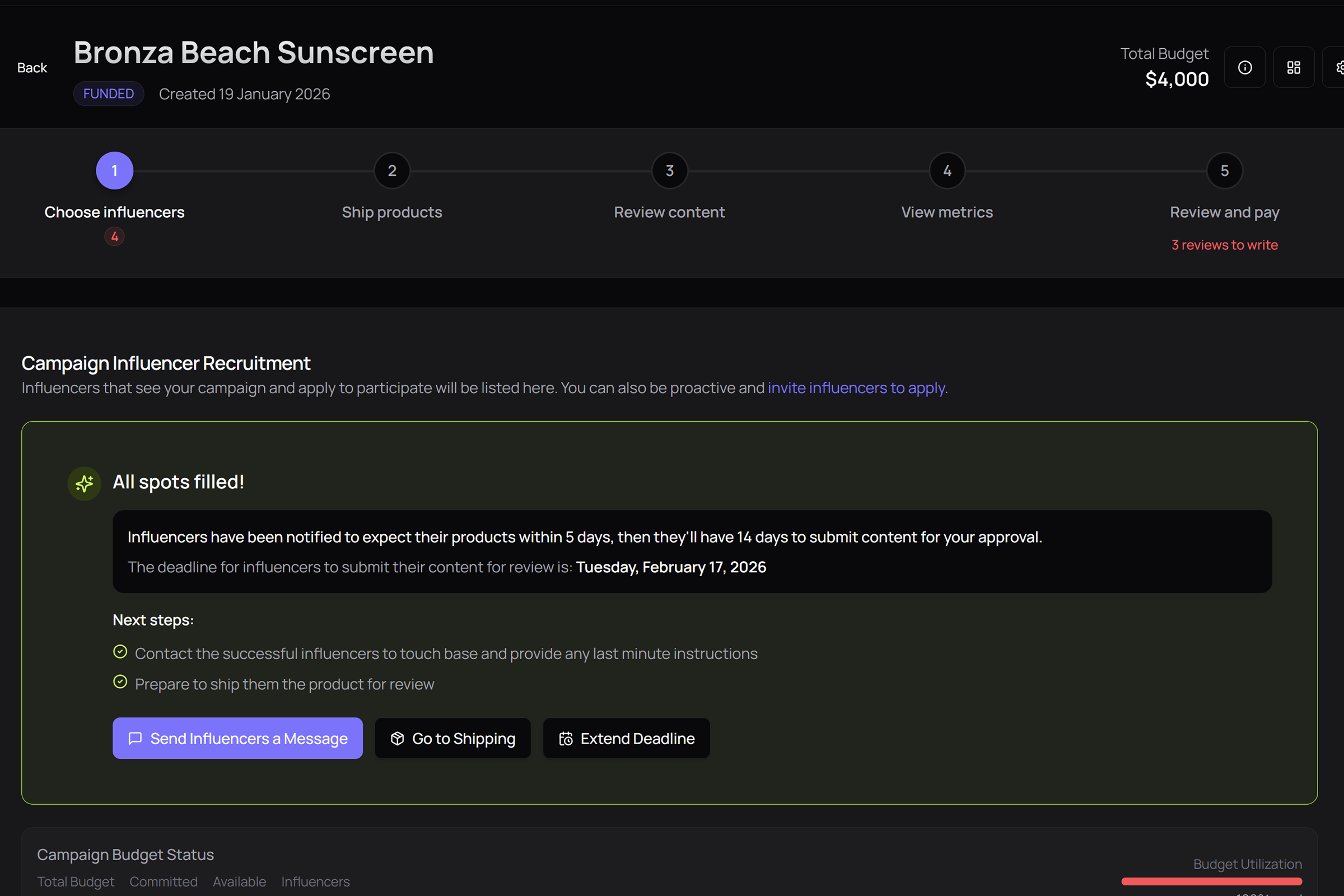 Campaign management view with creator applications, content review, and payment status