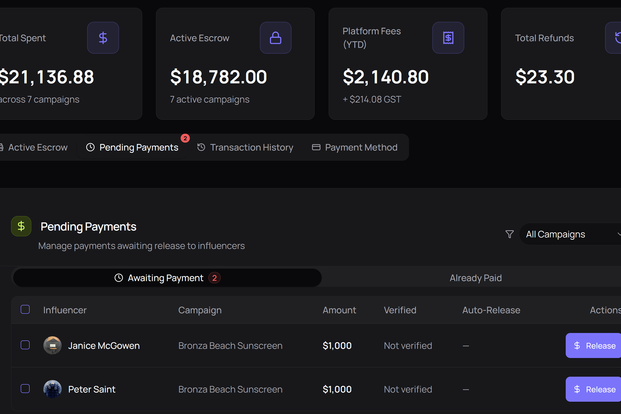 Payment release screen showing escrow-protected funds ready for release