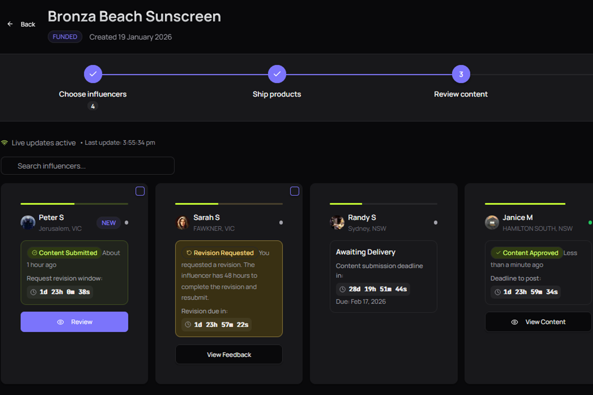 Content review interface with side-by-side brief comparison and approval controls