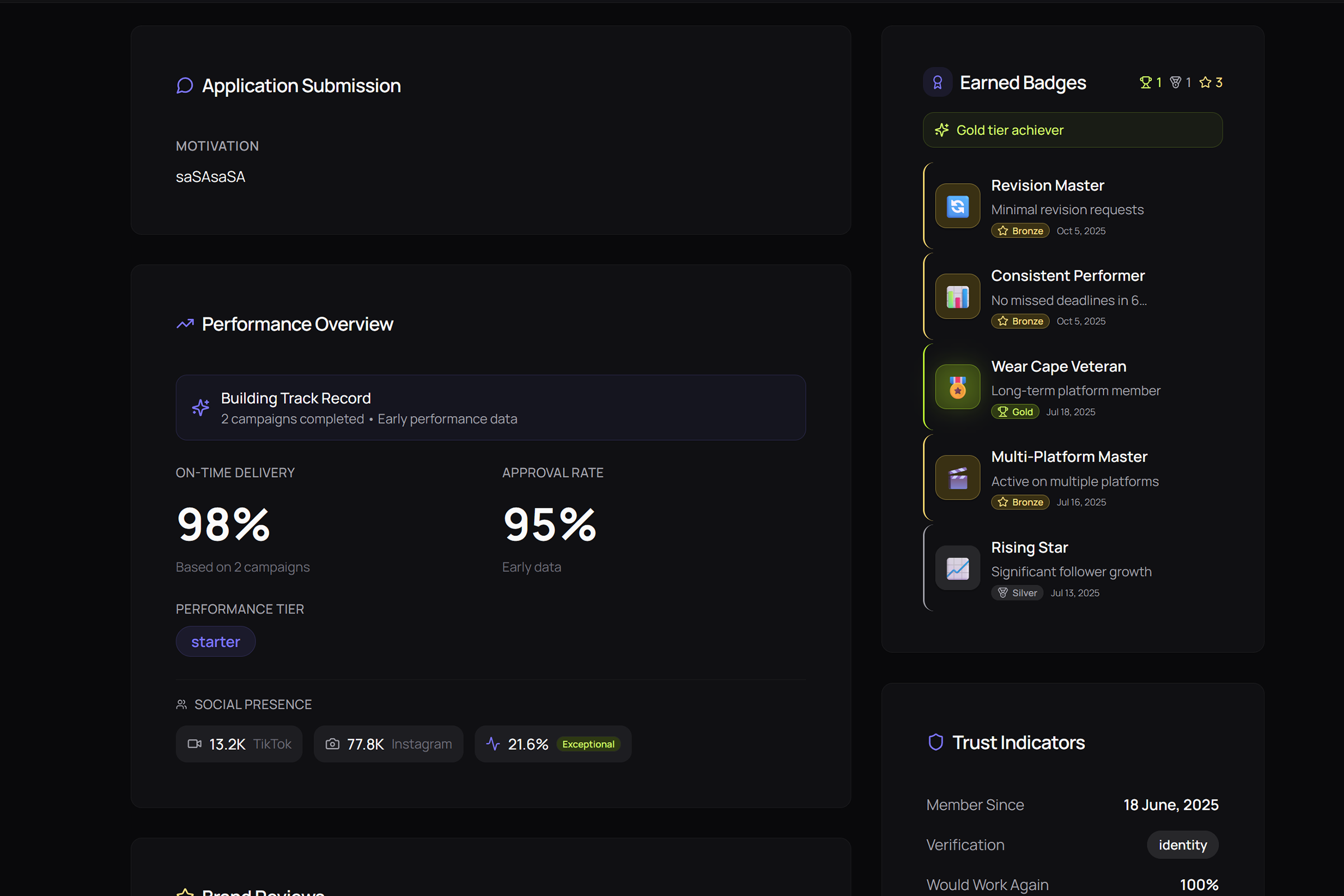 Trust Score breakdown showing reliability, quality, and satisfaction metrics
